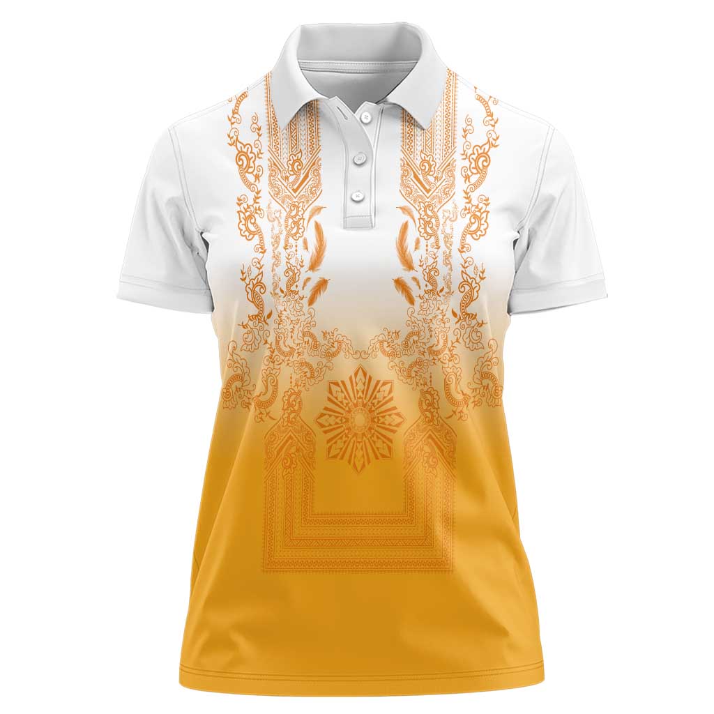 Philippines Barong Style Women Polo Shirt with Polynesian Art and Leaf Motif Yellow Color