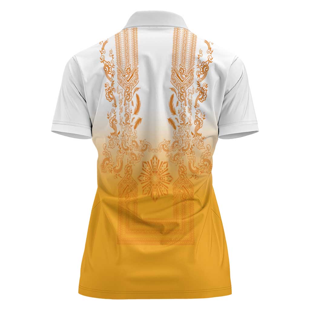 Philippines Barong Style Women Polo Shirt with Polynesian Art and Leaf Motif Yellow Color