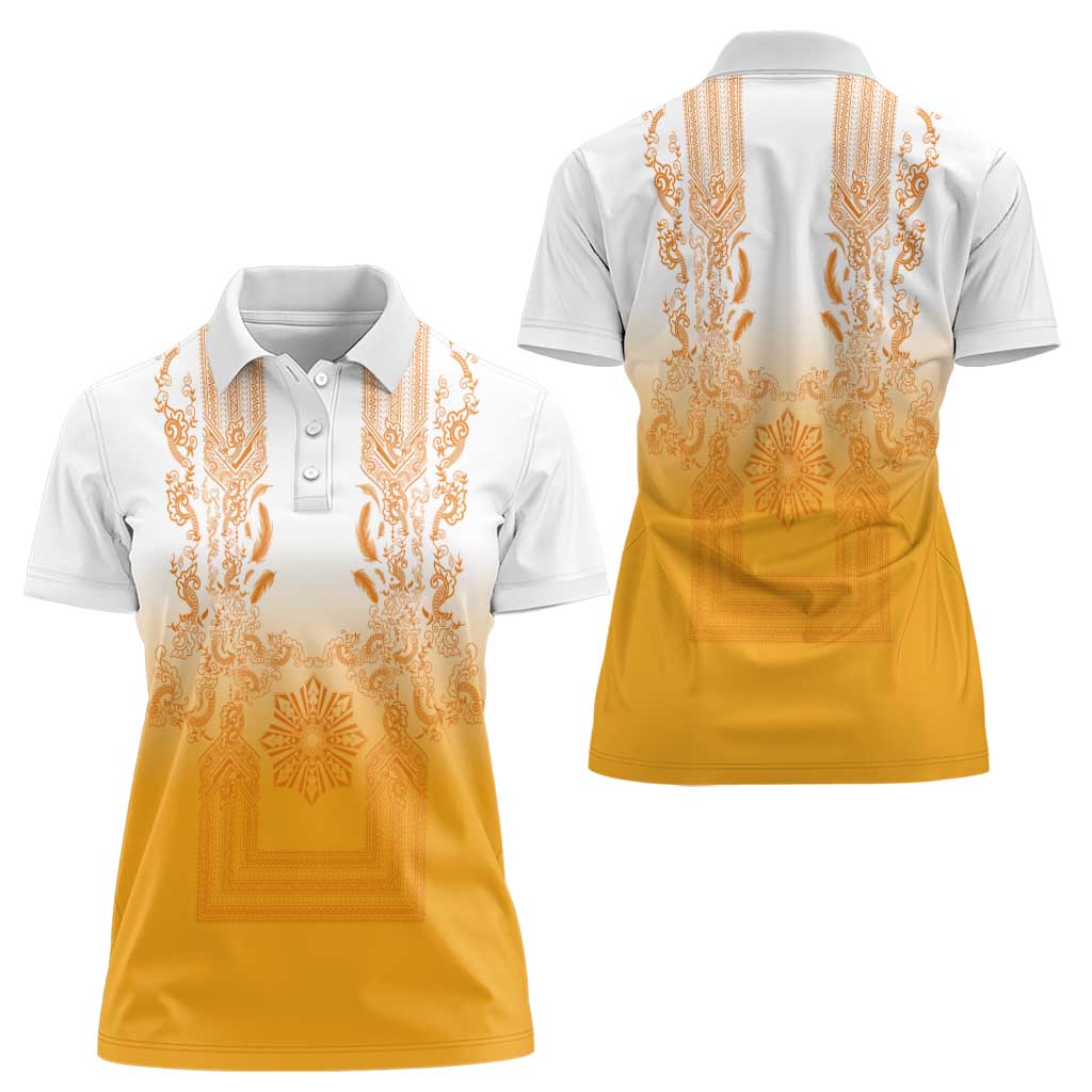 Philippines Barong Style Women Polo Shirt with Polynesian Art and Leaf Motif Yellow Color