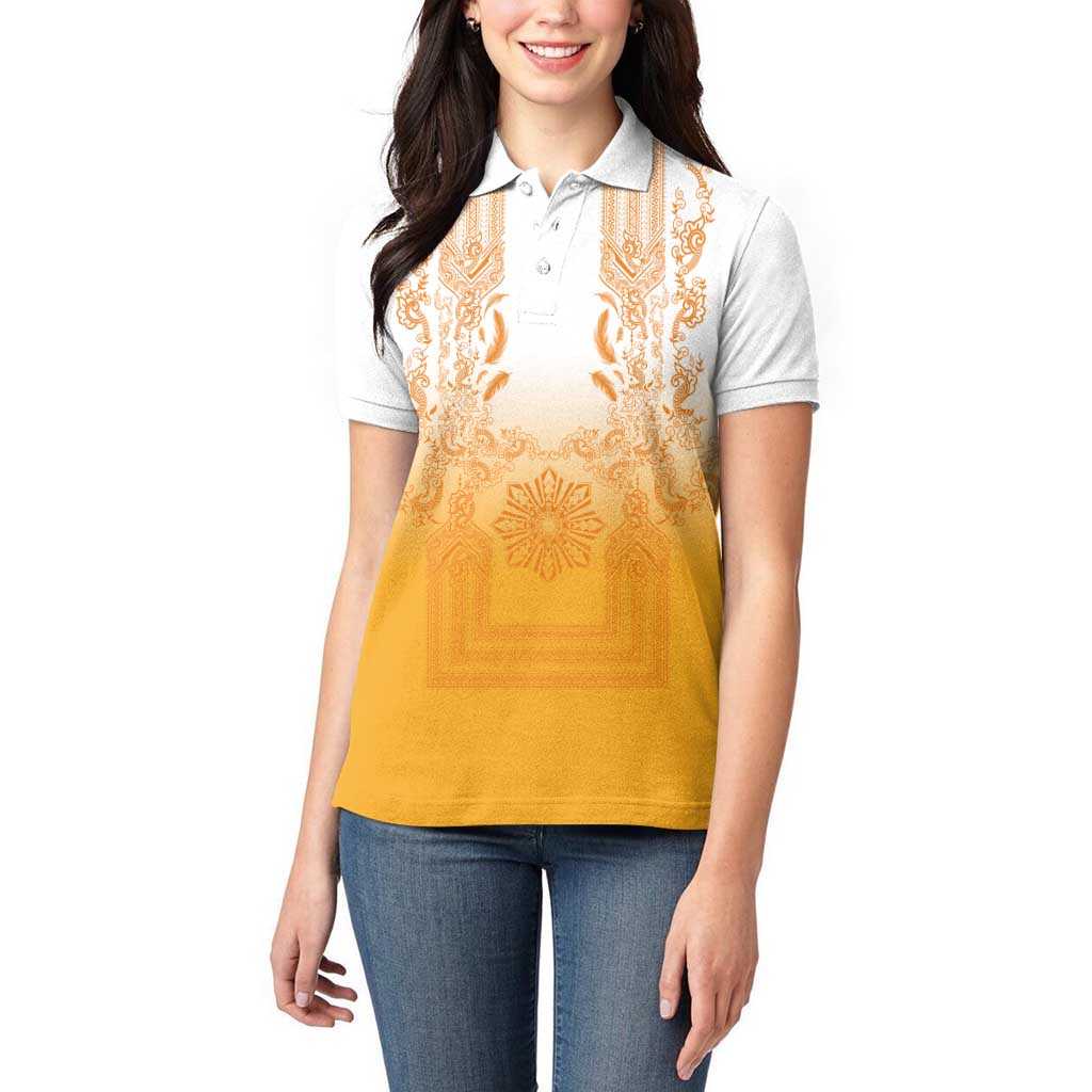 Philippines Barong Style Women Polo Shirt with Polynesian Art and Leaf Motif Yellow Color