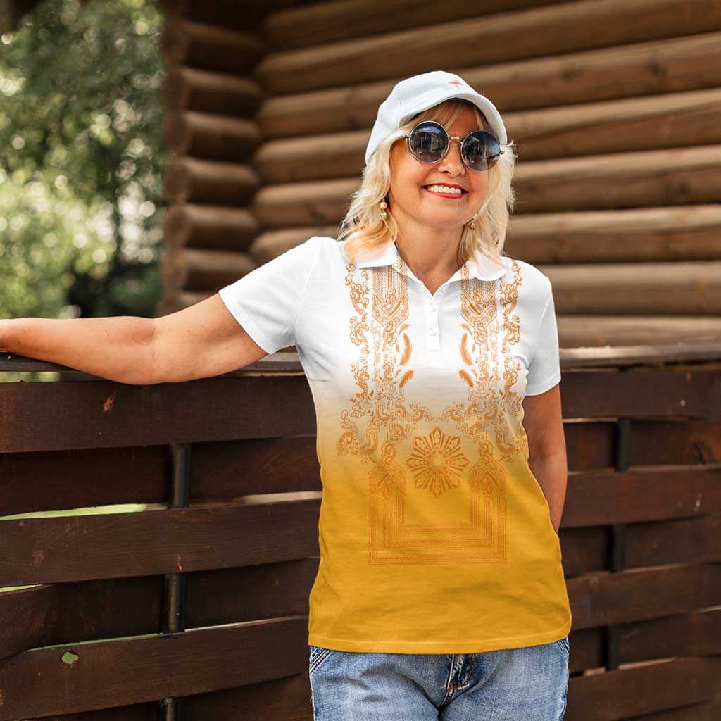 Philippines Barong Style Women Polo Shirt with Polynesian Art and Leaf Motif Yellow Color