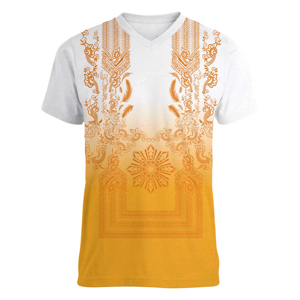 Philippines Barong Style Women V-Neck T-Shirt with Polynesian Art and Leaf Motif Yellow Color