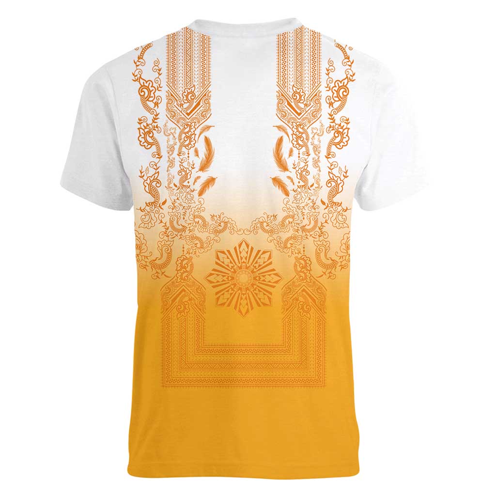 Philippines Barong Style Women V-Neck T-Shirt with Polynesian Art and Leaf Motif Yellow Color