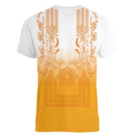 Philippines Barong Style Women V-Neck T-Shirt with Polynesian Art and Leaf Motif Yellow Color