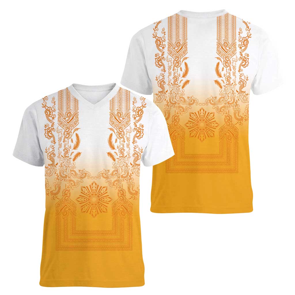 Philippines Barong Style Women V-Neck T-Shirt with Polynesian Art and Leaf Motif Yellow Color