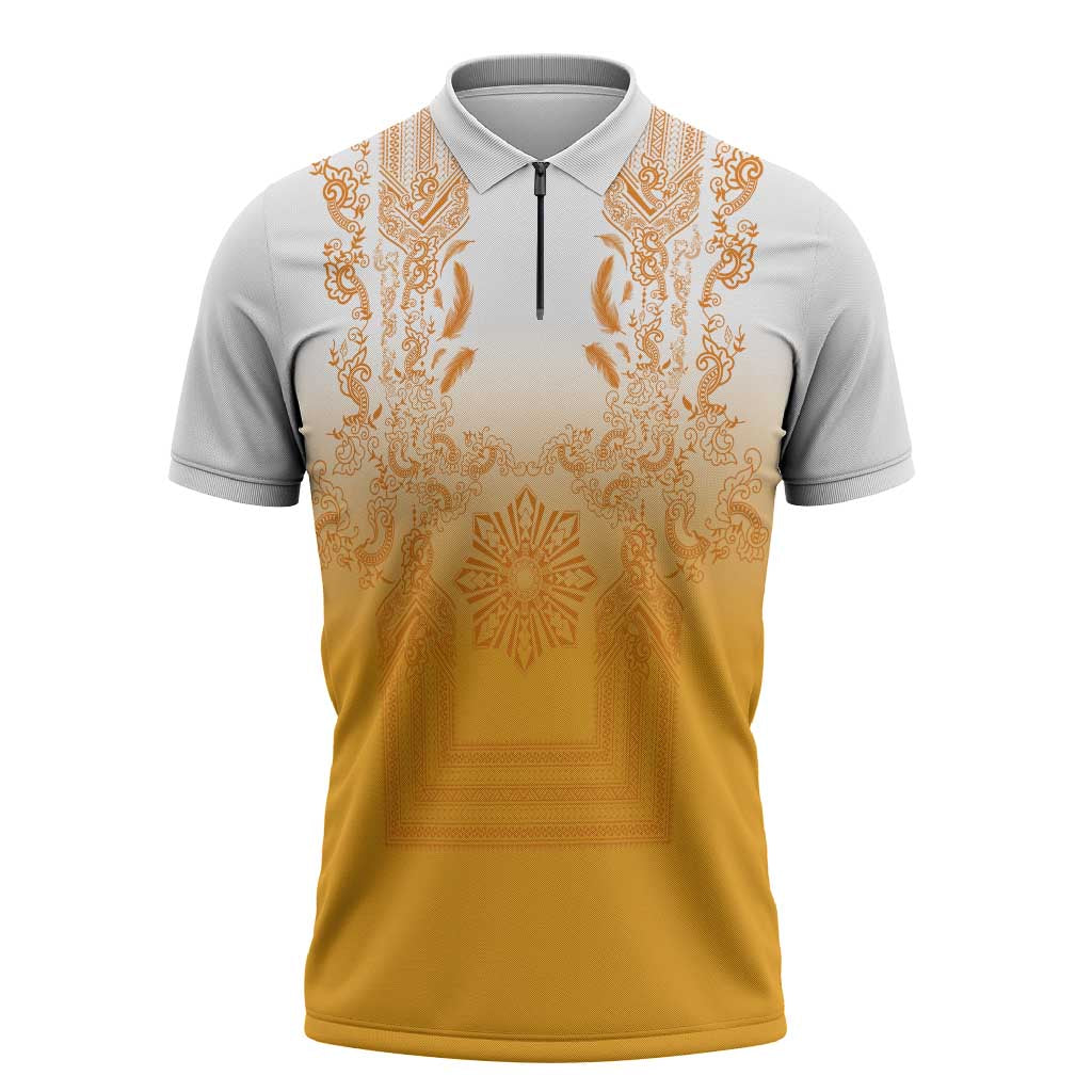 Philippines Barong Style Zipper Polo Shirt with Polynesian Art and Leaf Motif Yellow Color LT03 Yellow - Polynesian Pride