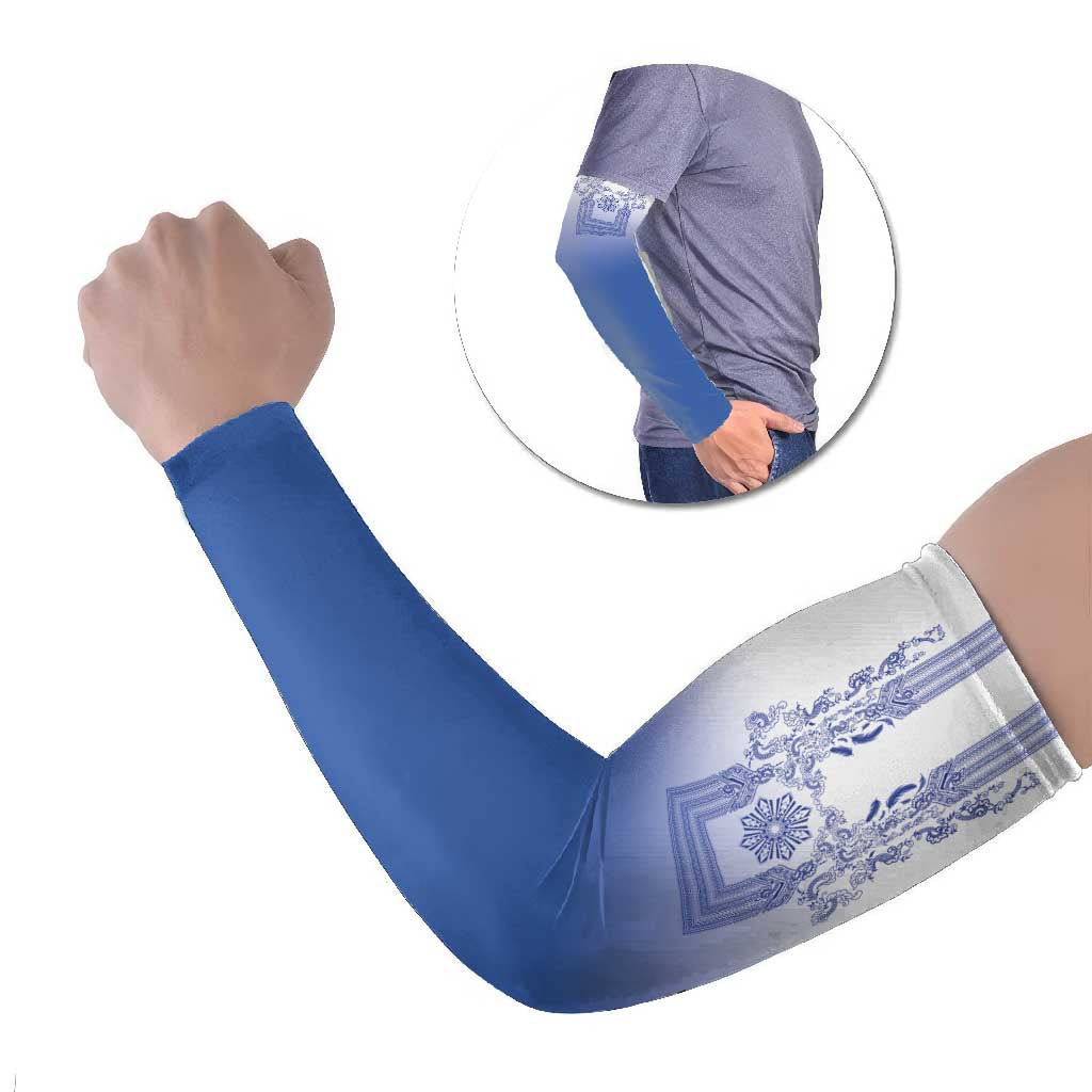 Philippines Barong Style Arm Sleeves with Polynesian Art and Leaf Motif Blue Color