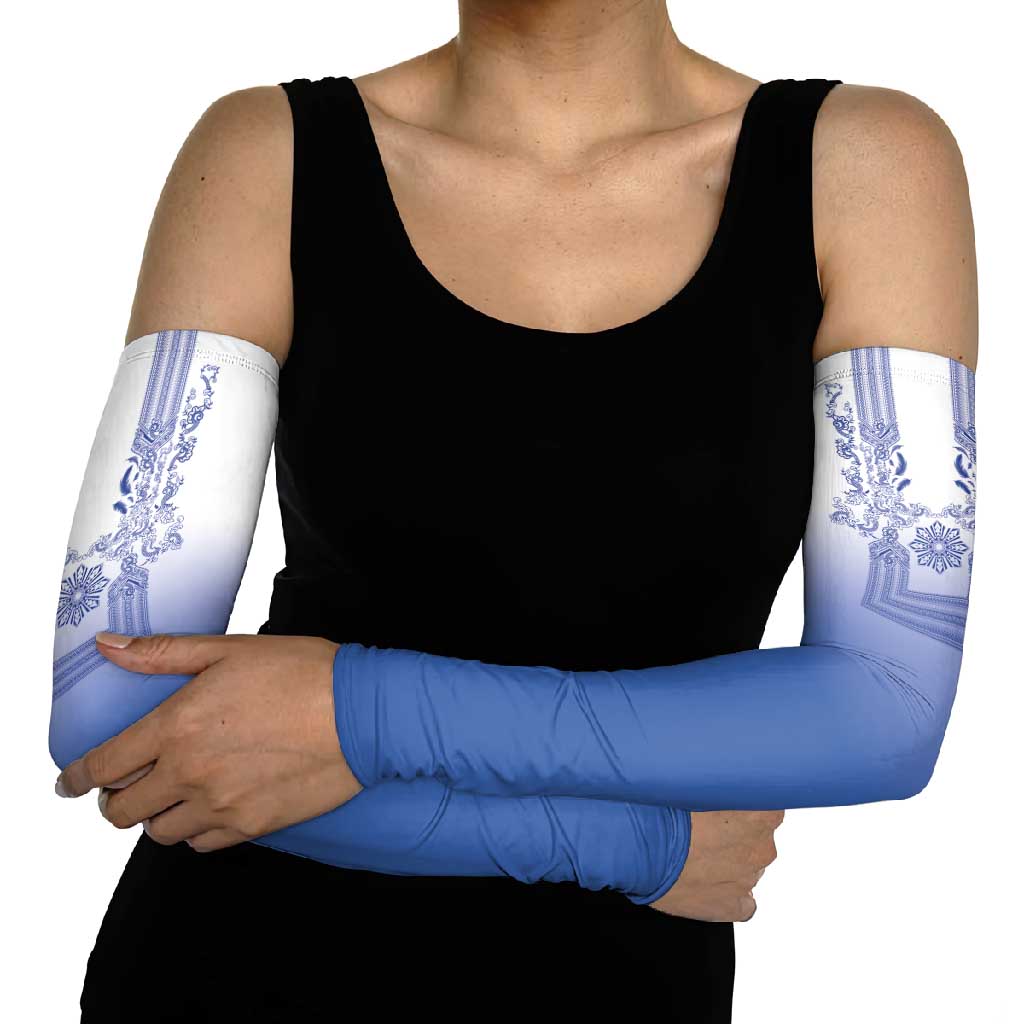 Philippines Barong Style Arm Sleeves with Polynesian Art and Leaf Motif Blue Color