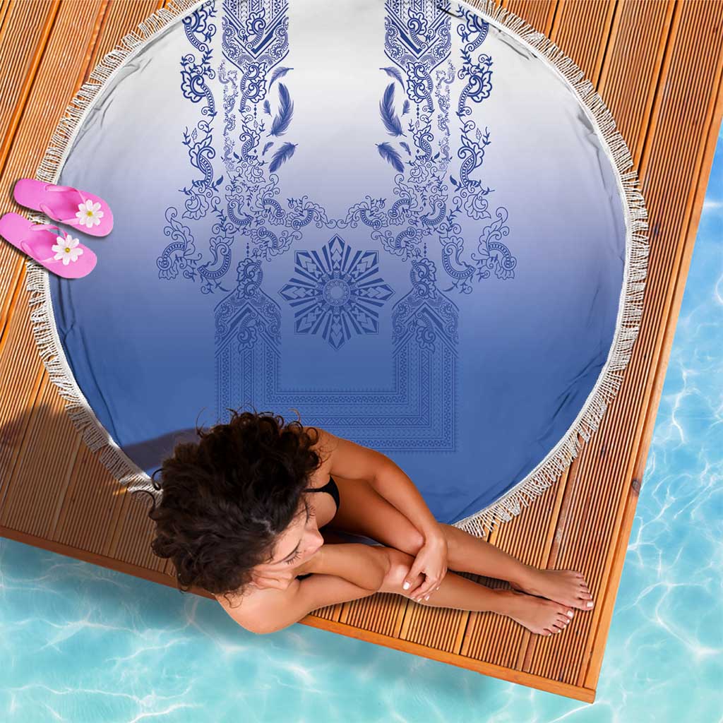 Philippines Barong Style Beach Blanket with Polynesian Art and Leaf Motif Blue Color