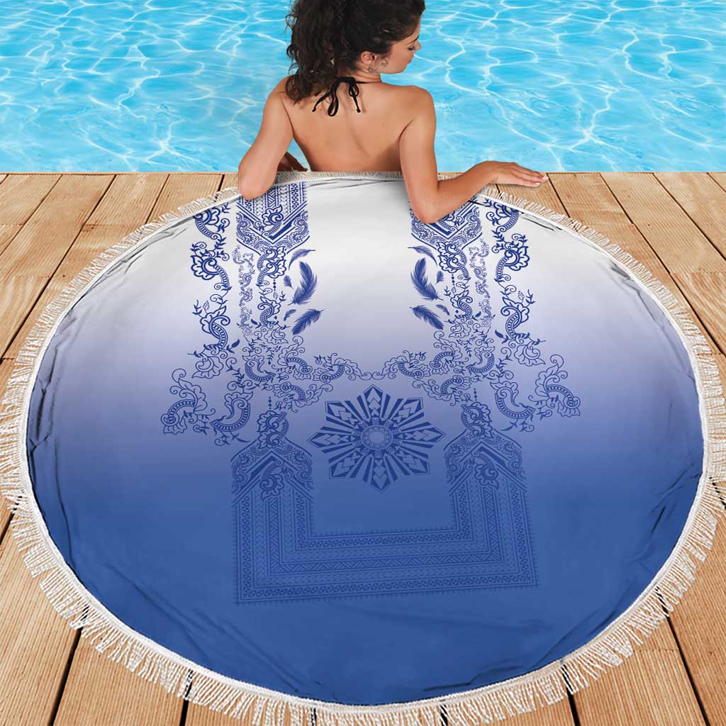 Philippines Barong Style Beach Blanket with Polynesian Art and Leaf Motif Blue Color