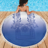 Philippines Barong Style Beach Blanket with Polynesian Art and Leaf Motif Blue Color
