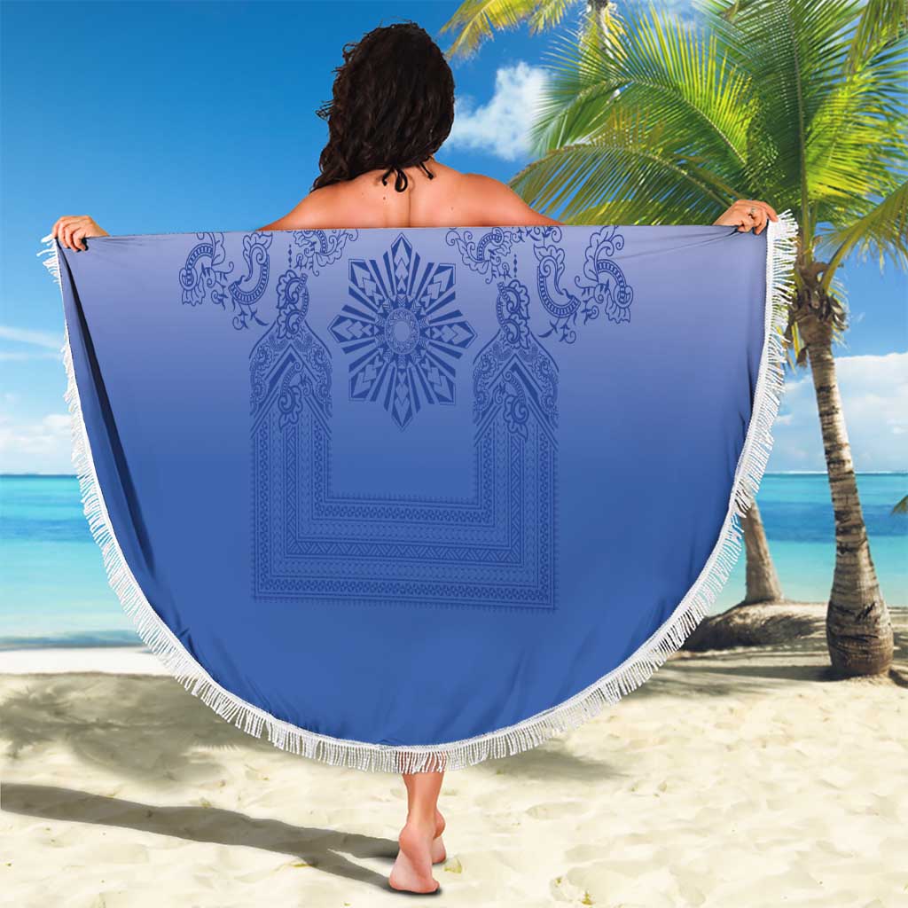Philippines Barong Style Beach Blanket with Polynesian Art and Leaf Motif Blue Color
