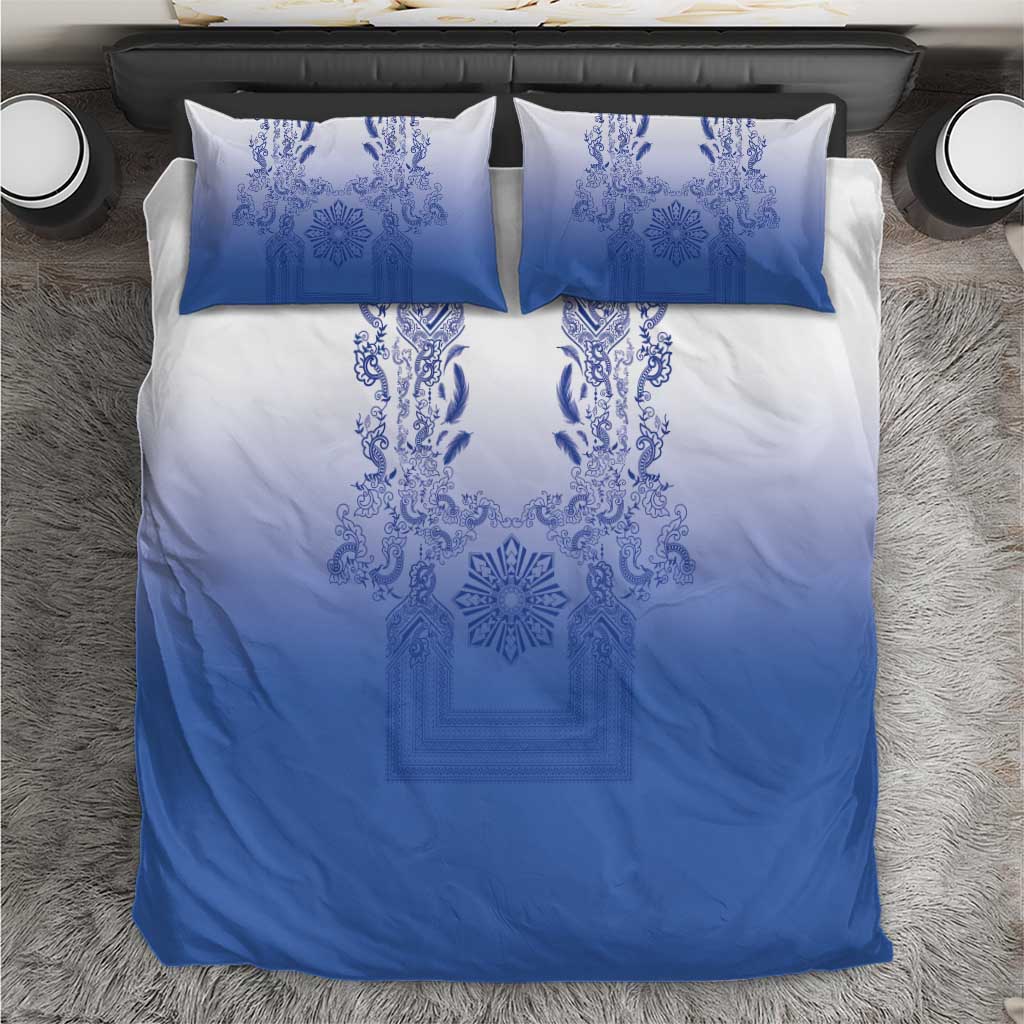 Philippines Barong Style Bedding Set with Polynesian Art and Leaf Motif Blue Color
