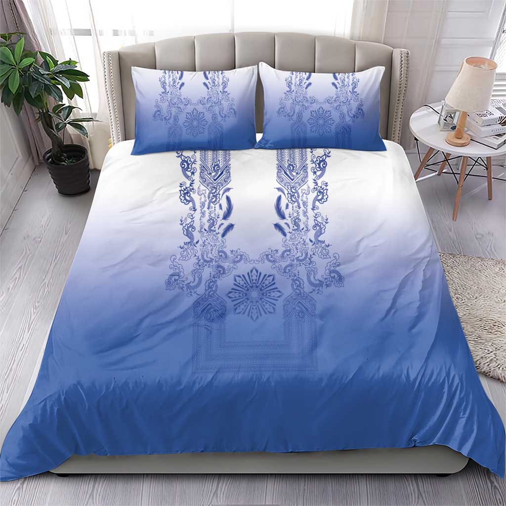 Philippines Barong Style Bedding Set with Polynesian Art and Leaf Motif Blue Color