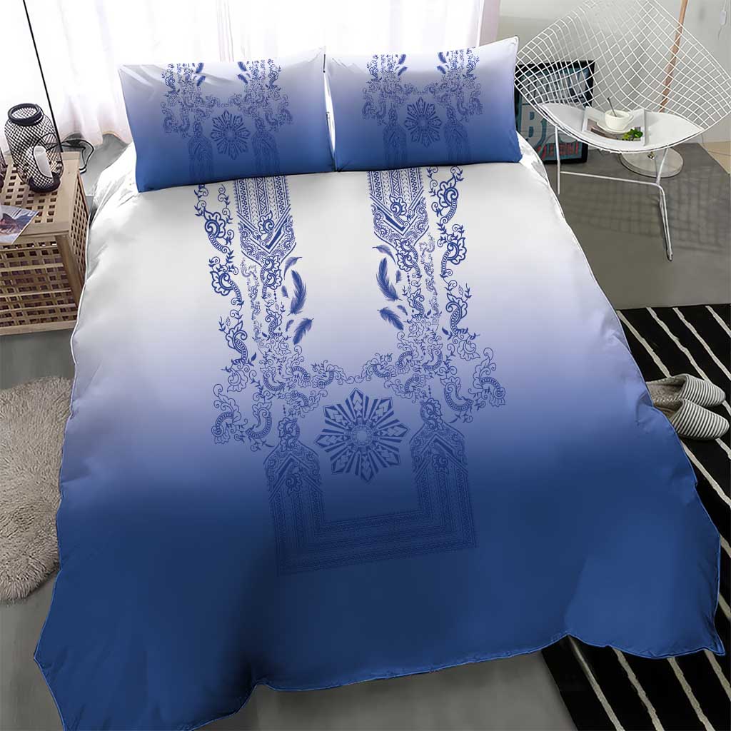 Philippines Barong Style Bedding Set with Polynesian Art and Leaf Motif Blue Color