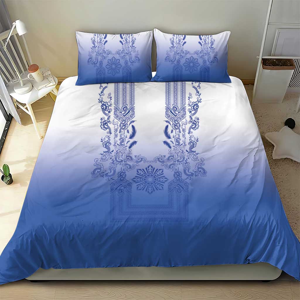 Philippines Barong Style Bedding Set with Polynesian Art and Leaf Motif Blue Color
