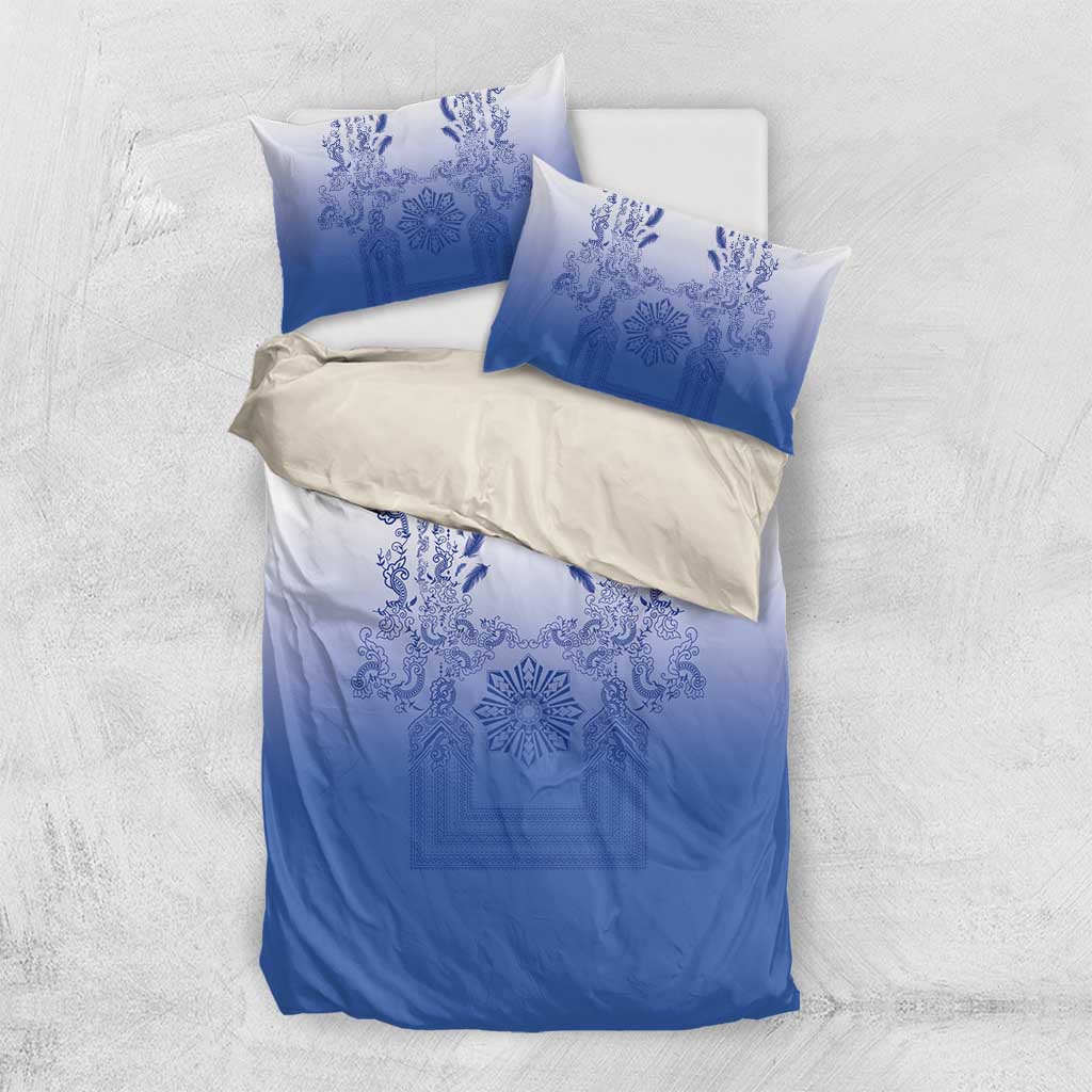 Philippines Barong Style Bedding Set with Polynesian Art and Leaf Motif Blue Color
