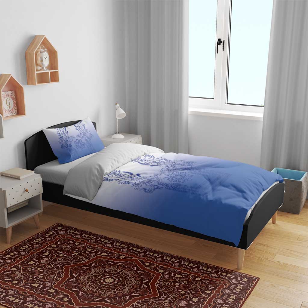 Philippines Barong Style Bedding Set with Polynesian Art and Leaf Motif Blue Color