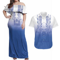 Philippines Barong Style Couples Matching Off Shoulder Maxi Dress and Hawaiian Shirt with Polynesian Art and Leaf Motif Blue Color