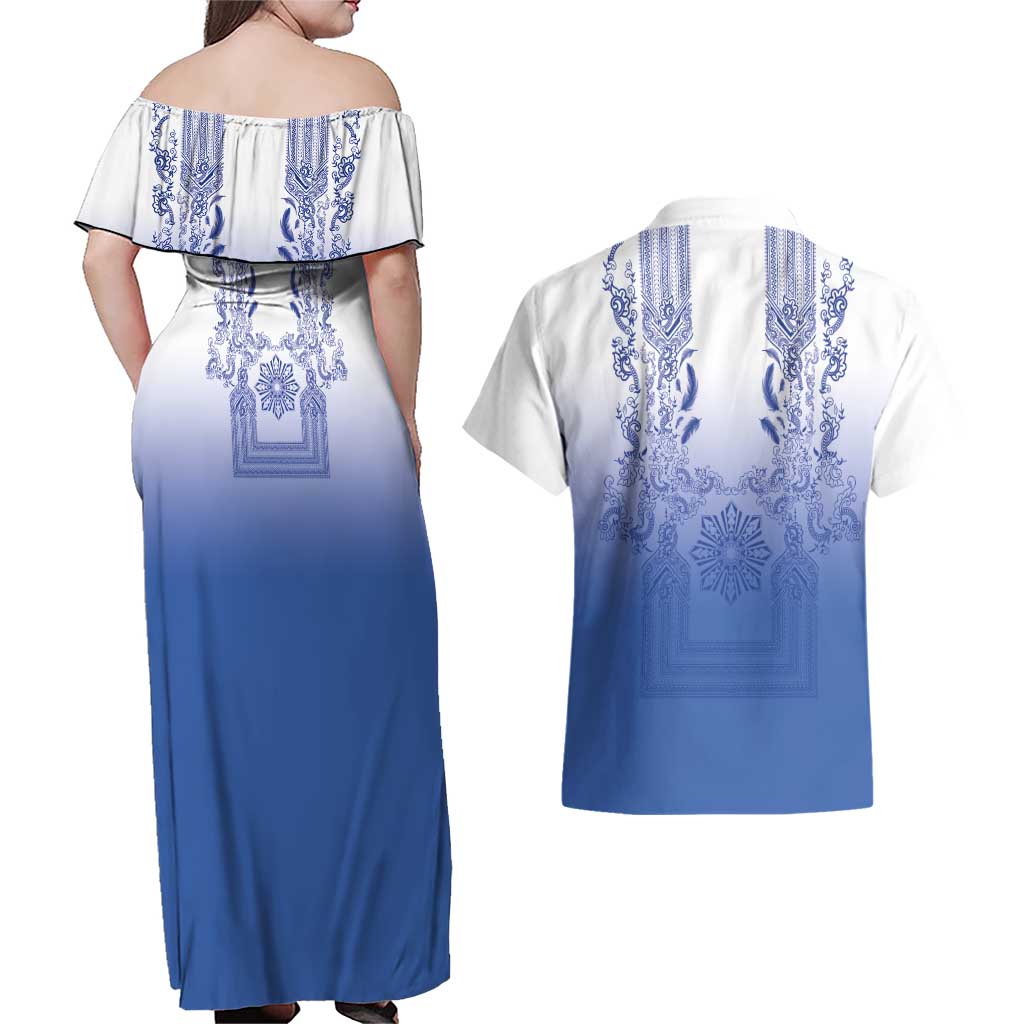 Philippines Barong Style Couples Matching Off Shoulder Maxi Dress and Hawaiian Shirt with Polynesian Art and Leaf Motif Blue Color
