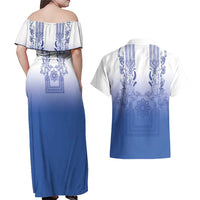 Philippines Barong Style Couples Matching Off Shoulder Maxi Dress and Hawaiian Shirt with Polynesian Art and Leaf Motif Blue Color