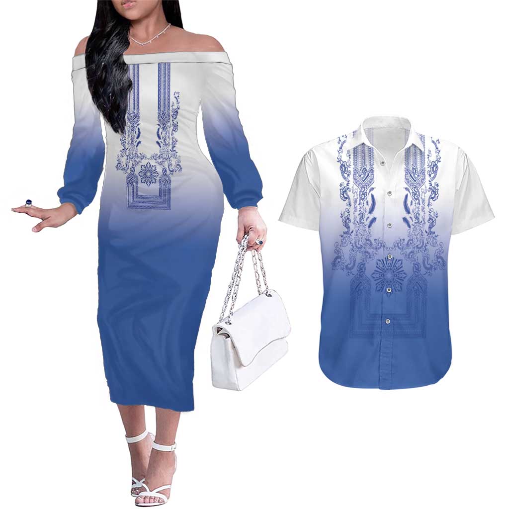 Philippines Barong Style Couples Matching Off The Shoulder Long Sleeve Dress and Hawaiian Shirt with Polynesian Art and Leaf Motif Blue Color