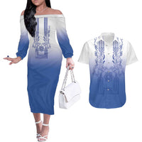 Philippines Barong Style Couples Matching Off The Shoulder Long Sleeve Dress and Hawaiian Shirt with Polynesian Art and Leaf Motif Blue Color