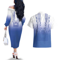 Philippines Barong Style Couples Matching Off The Shoulder Long Sleeve Dress and Hawaiian Shirt with Polynesian Art and Leaf Motif Blue Color