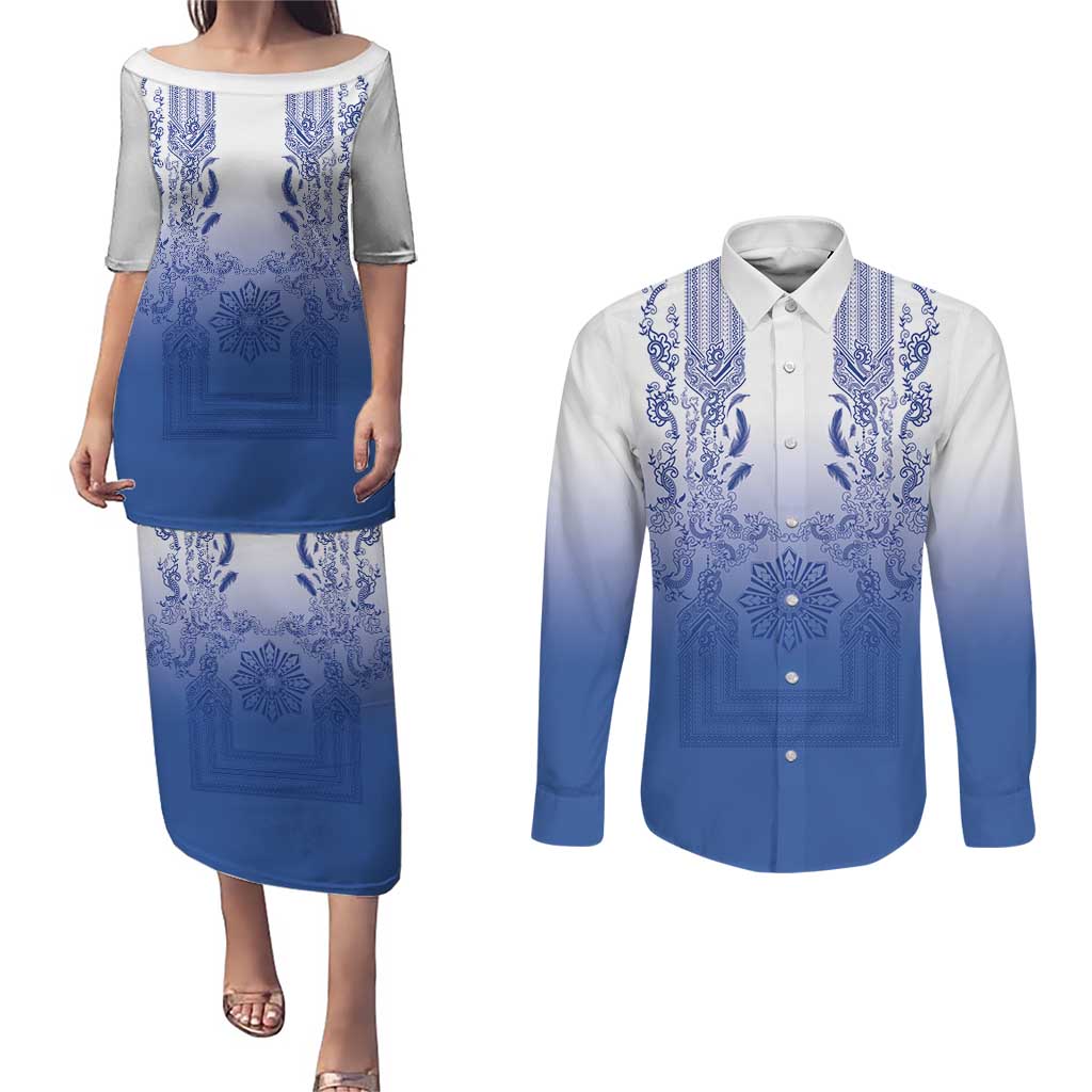 Philippines Barong Style Couples Matching Puletasi and Long Sleeve Button Shirt with Polynesian Art and Leaf Motif Blue Color LT03 Blue - Polynesian Pride