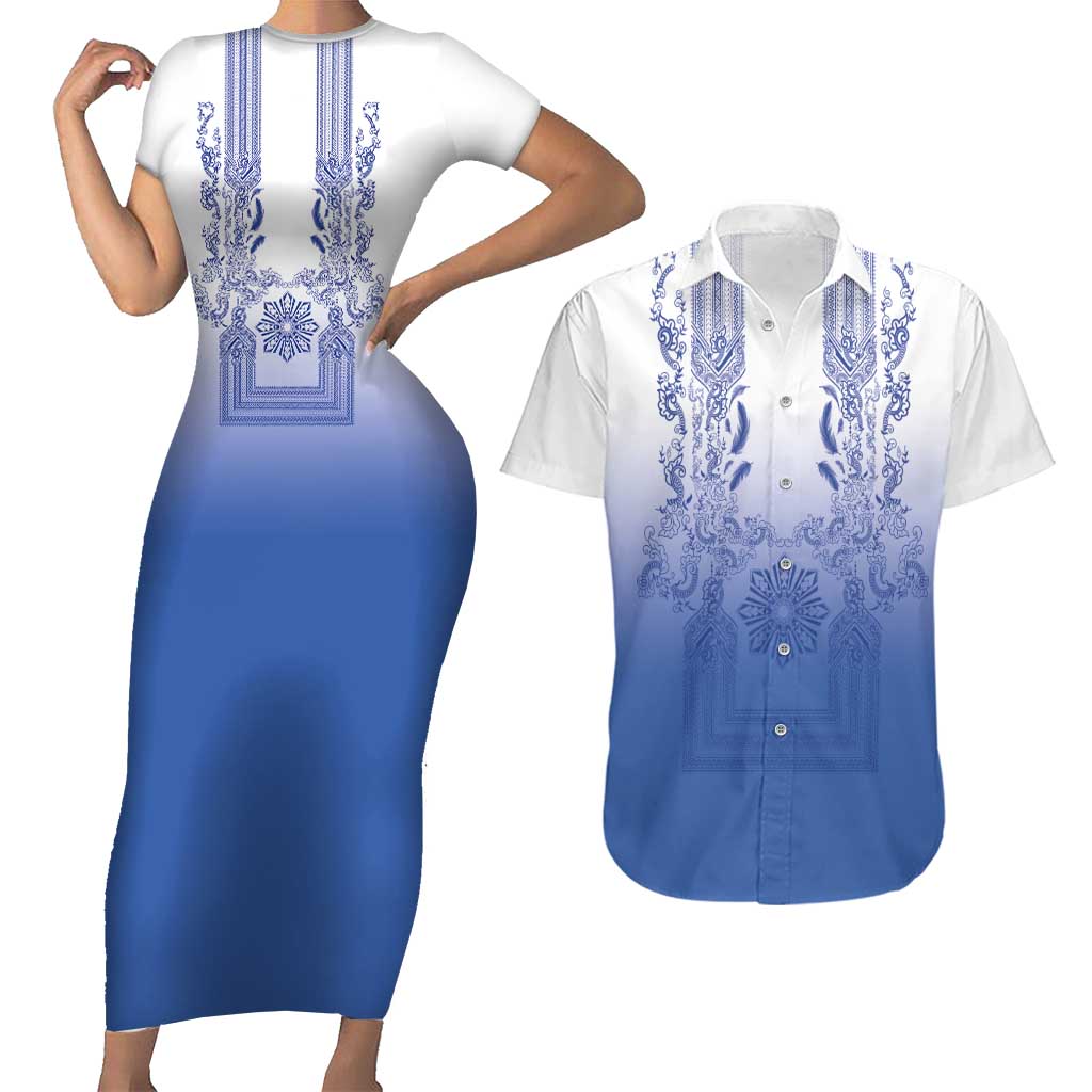 Philippines Barong Style Couples Matching Short Sleeve Bodycon Dress and Hawaiian Shirt with Polynesian Art and Leaf Motif Blue Color LT03 Blue - Polynesian Pride