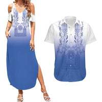 Philippines Barong Style Couples Matching Summer Maxi Dress and Hawaiian Shirt with Polynesian Art and Leaf Motif Blue Color