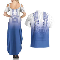 Philippines Barong Style Couples Matching Summer Maxi Dress and Hawaiian Shirt with Polynesian Art and Leaf Motif Blue Color