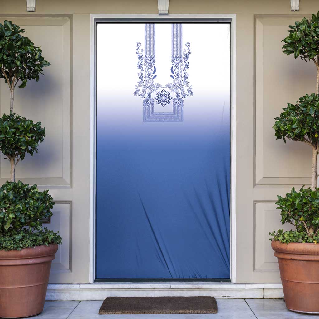Philippines Barong Style Door Cover with Polynesian Art and Leaf Motif Blue Color