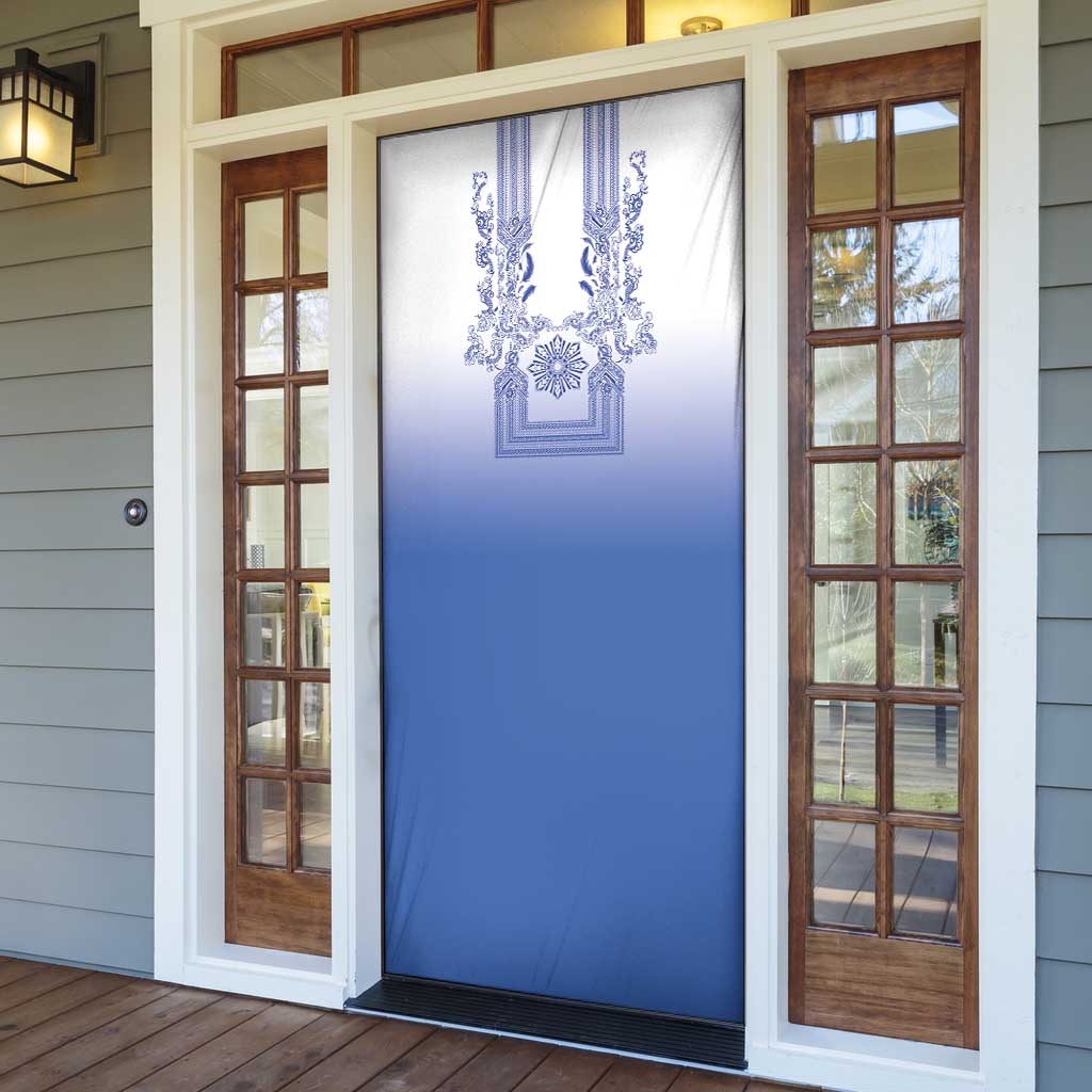 Philippines Barong Style Door Cover with Polynesian Art and Leaf Motif Blue Color