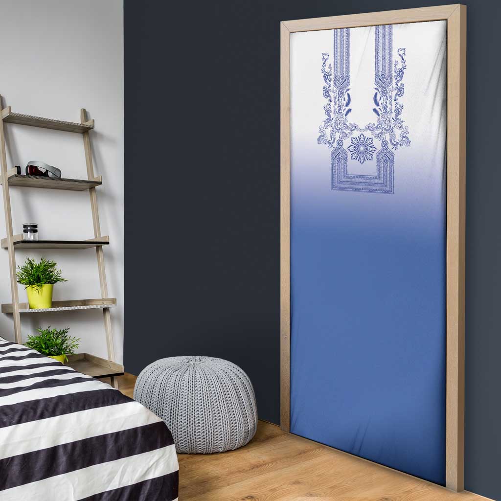 Philippines Barong Style Door Cover with Polynesian Art and Leaf Motif Blue Color