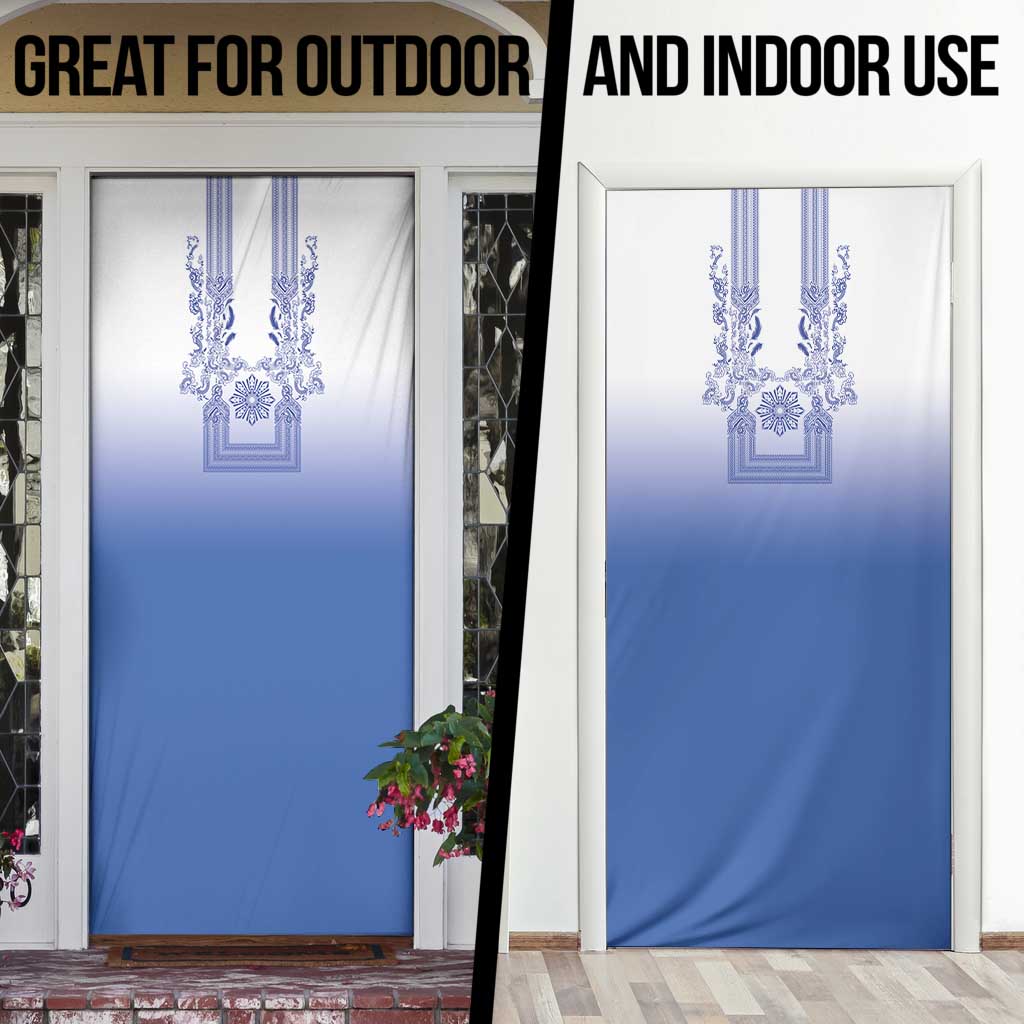 Philippines Barong Style Door Cover with Polynesian Art and Leaf Motif Blue Color