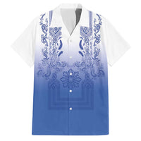 Philippines Barong Style Family Matching Long Sleeve Bodycon Dress and Hawaiian Shirt with Polynesian Art and Leaf Motif Blue Color LT03 Dad's Shirt - Short Sleeve Blue - Polynesian Pride