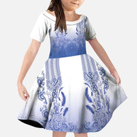 Philippines Barong Style Family Matching Off Shoulder Short Dress and Hawaiian Shirt with Polynesian Art and Leaf Motif Blue Color LT03 Daughter's Dress Blue - Polynesian Pride