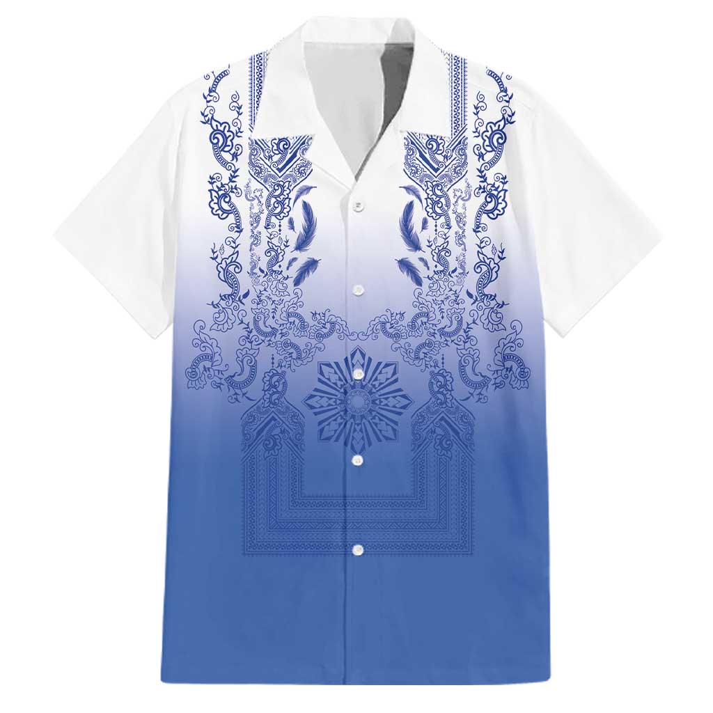 Philippines Barong Style Family Matching Short Sleeve Bodycon Dress and Hawaiian Shirt with Polynesian Art and Leaf Motif Blue Color LT03 Dad's Shirt - Short Sleeve Blue - Polynesian Pride