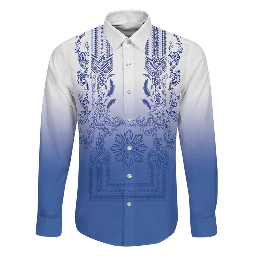 Philippines Barong Style Family Matching Short Sleeve Bodycon Dress and Hawaiian Shirt with Polynesian Art and Leaf Motif Blue Color LT03 Dad's Shirt - Long Sleeve Blue - Polynesian Pride