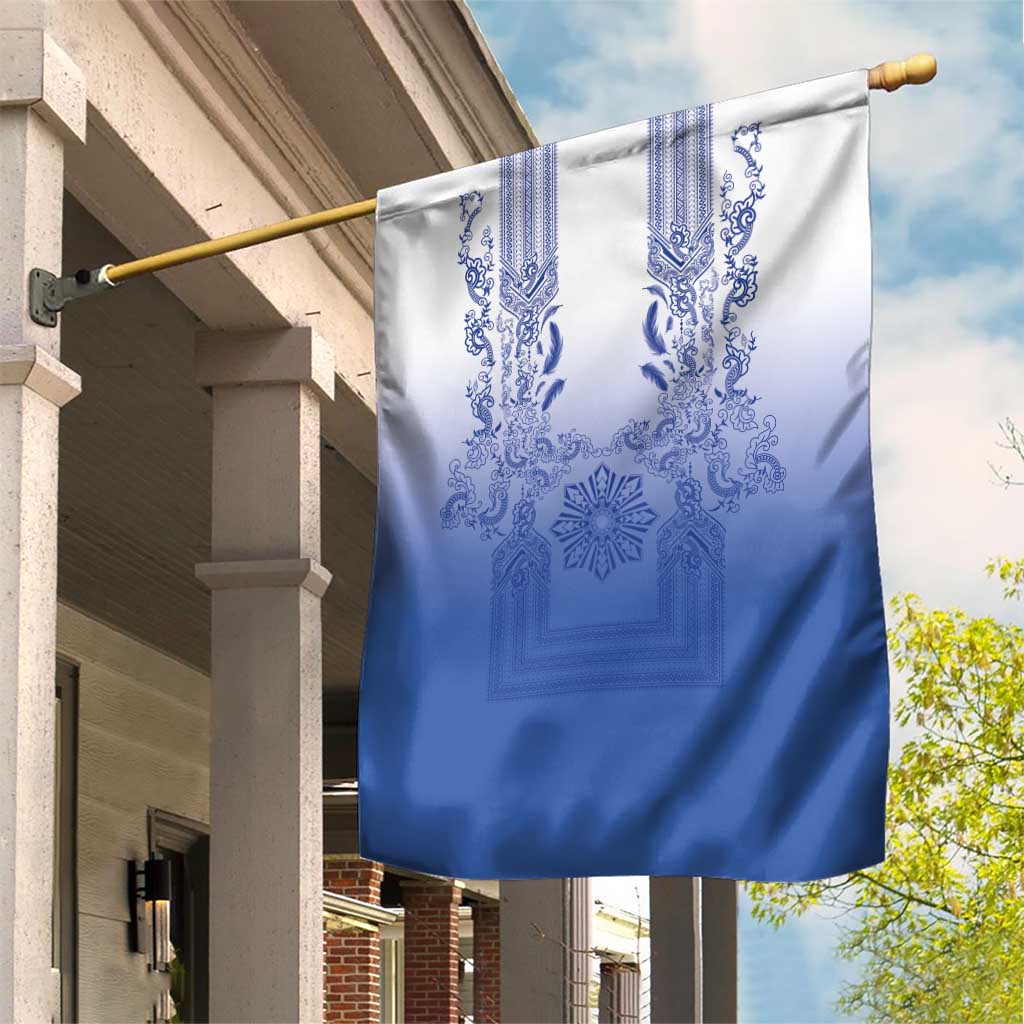 Philippines Barong Style Garden Flag with Polynesian Art and Leaf Motif Blue Color