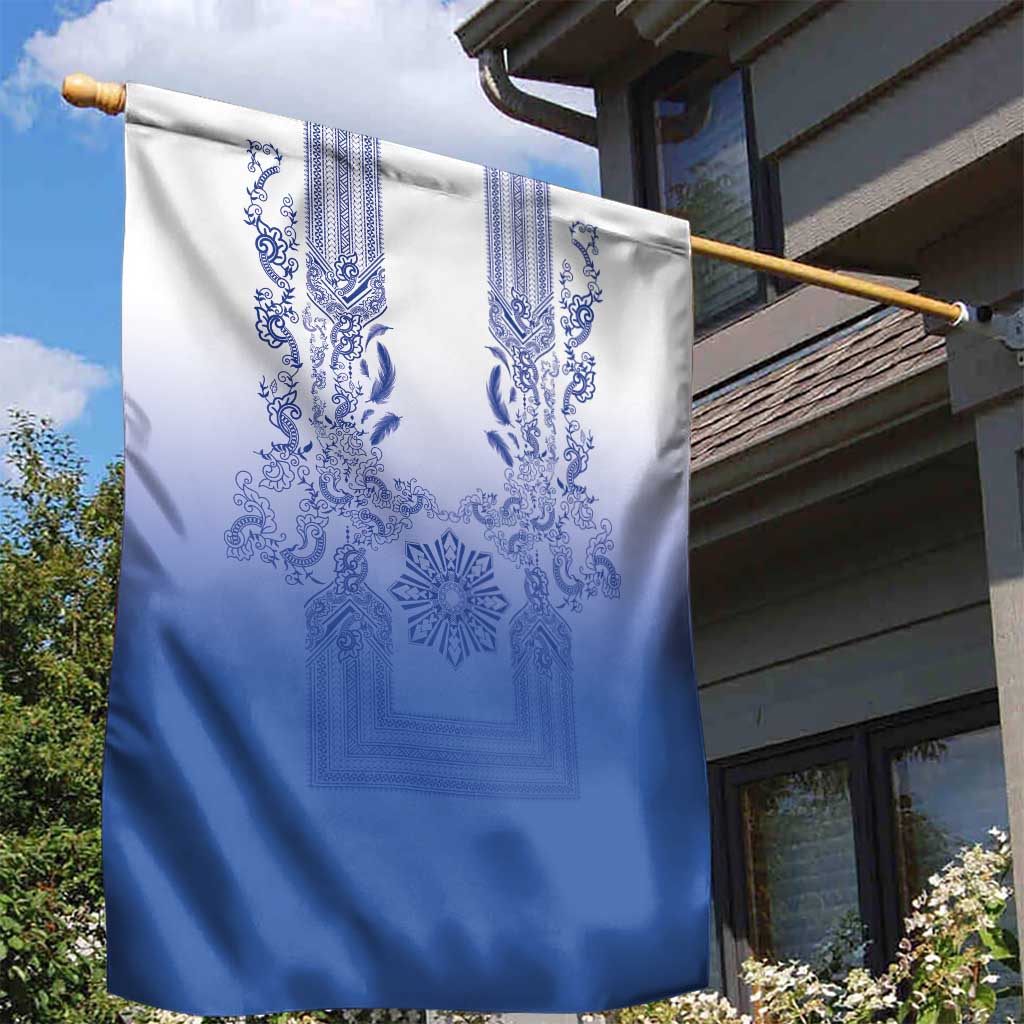 Philippines Barong Style Garden Flag with Polynesian Art and Leaf Motif Blue Color