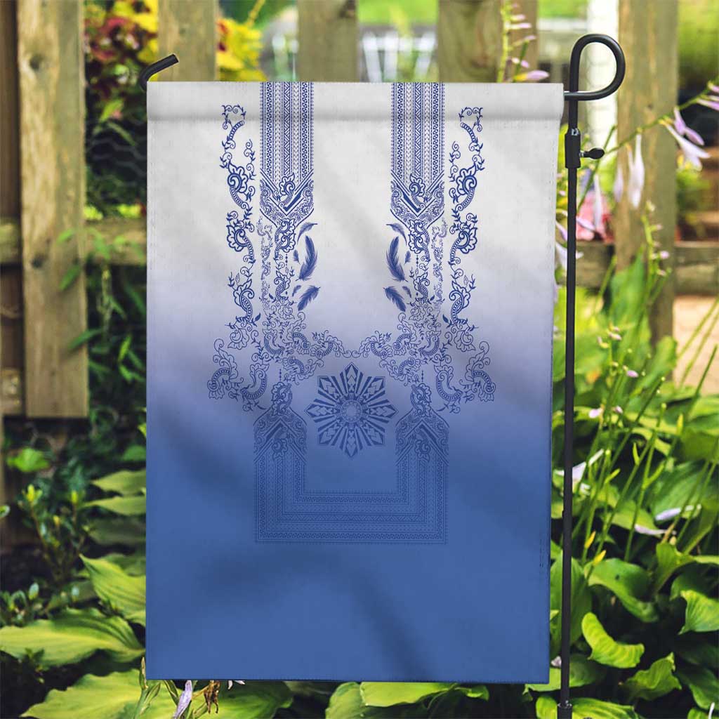Philippines Barong Style Garden Flag with Polynesian Art and Leaf Motif Blue Color