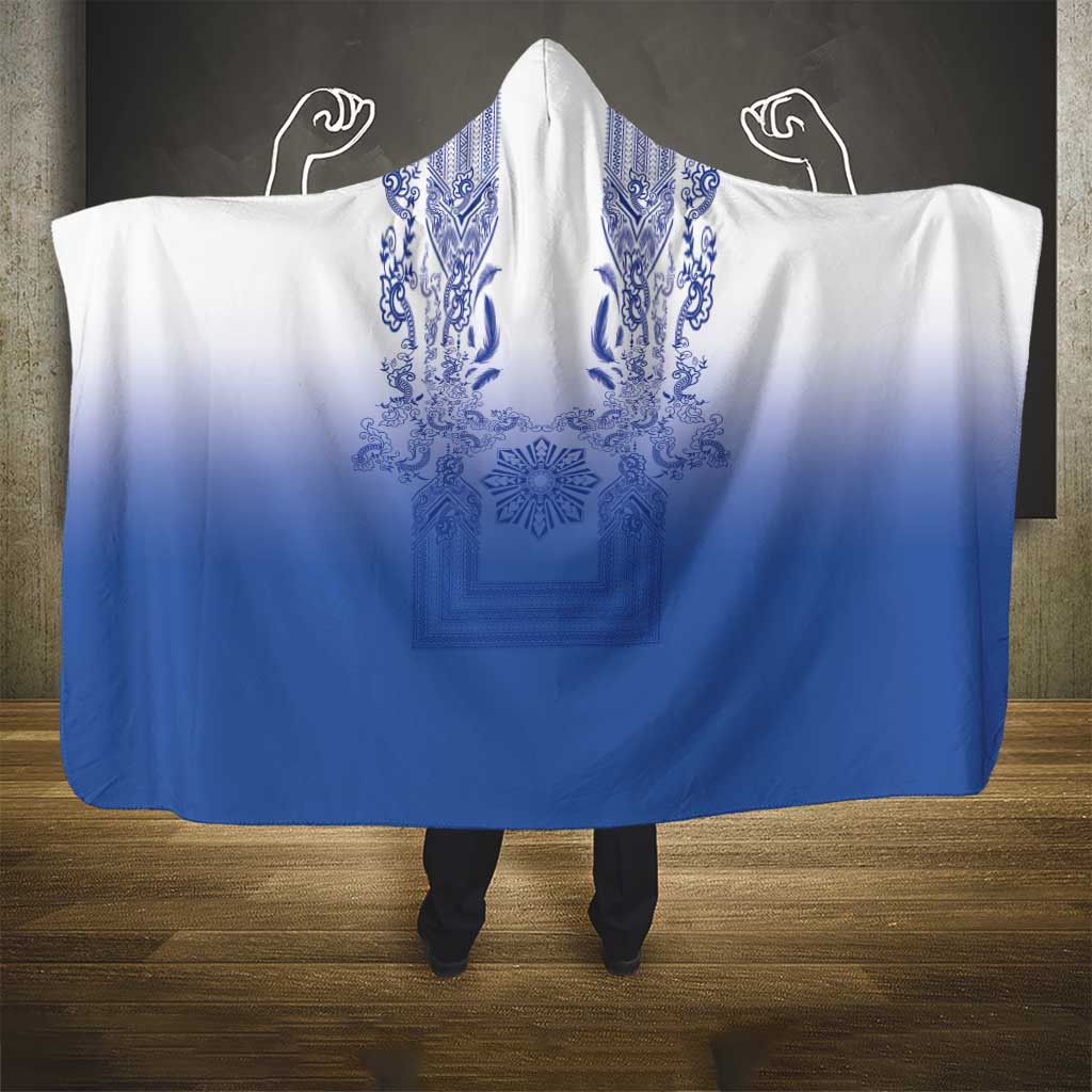 Philippines Barong Style Hooded Blanket with Polynesian Art and Leaf Motif Blue Color