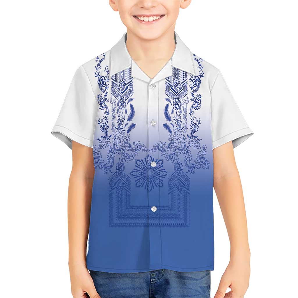 Philippines Barong Style Kid Hawaiian Shirt with Polynesian Art and Leaf Motif Blue Color