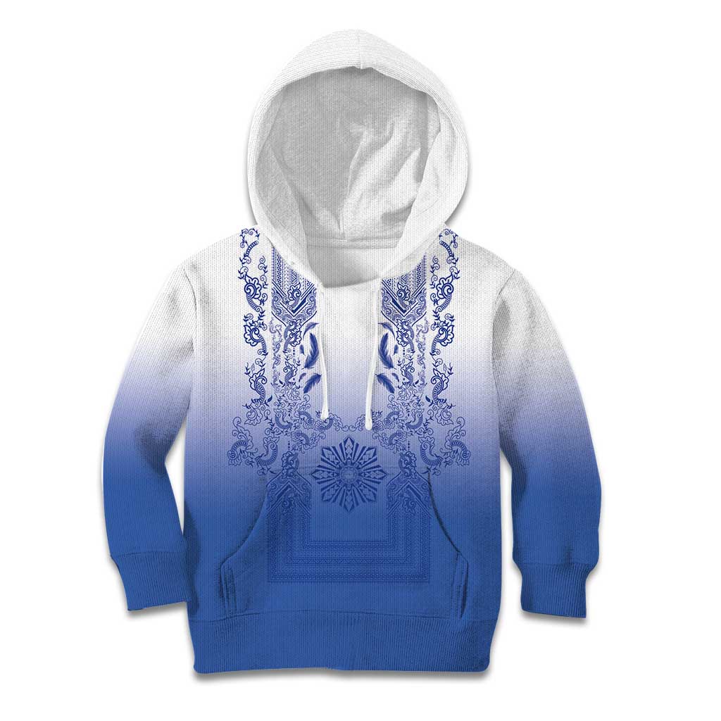 Philippines Barong Style Kid Hoodie with Polynesian Art and Leaf Motif Blue Color