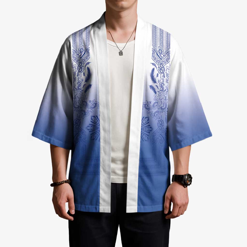 Philippines Barong Style Kimono with Polynesian Art and Leaf Motif Blue Color LT03 - Polynesian Pride