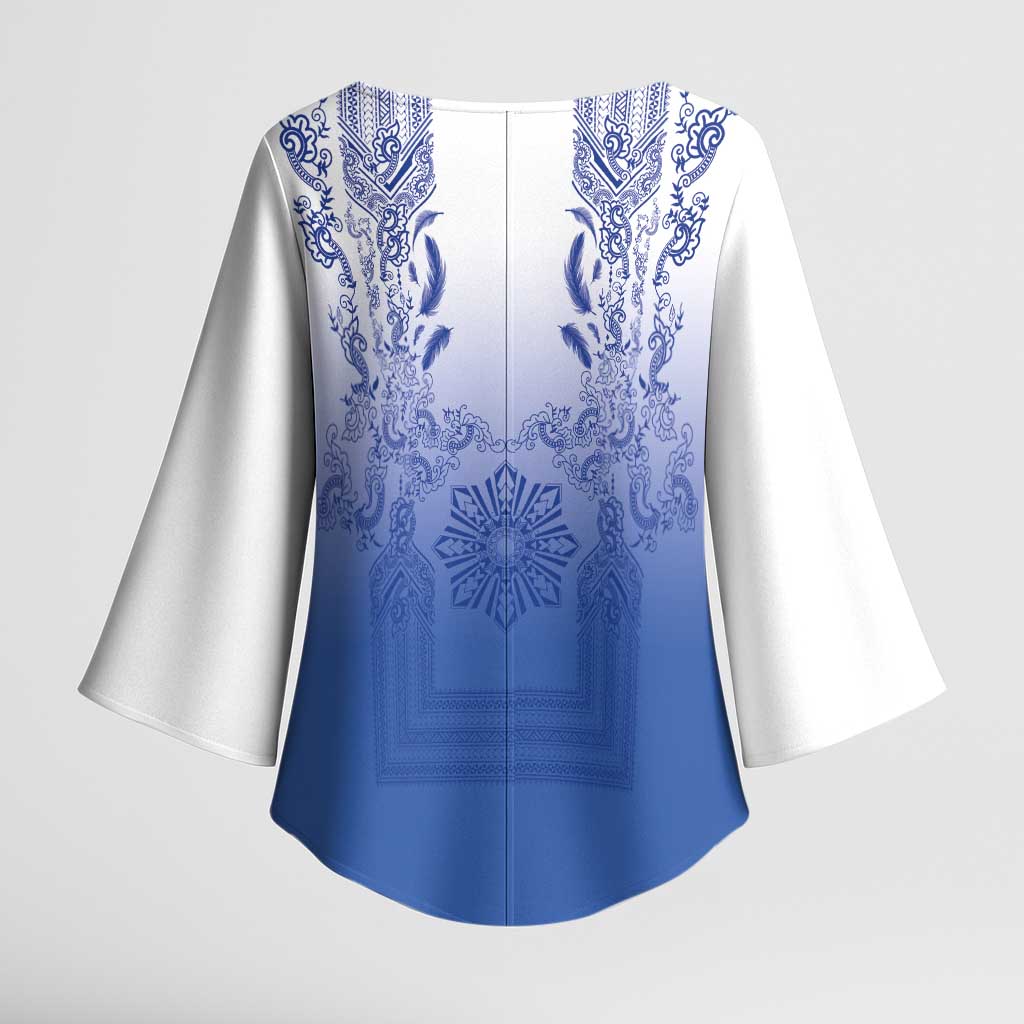 Philippines Barong Style Kimono Sleeve Blouse with Polynesian Art and Leaf Motif Blue Color