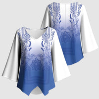 Philippines Barong Style Kimono Sleeve Blouse with Polynesian Art and Leaf Motif Blue Color