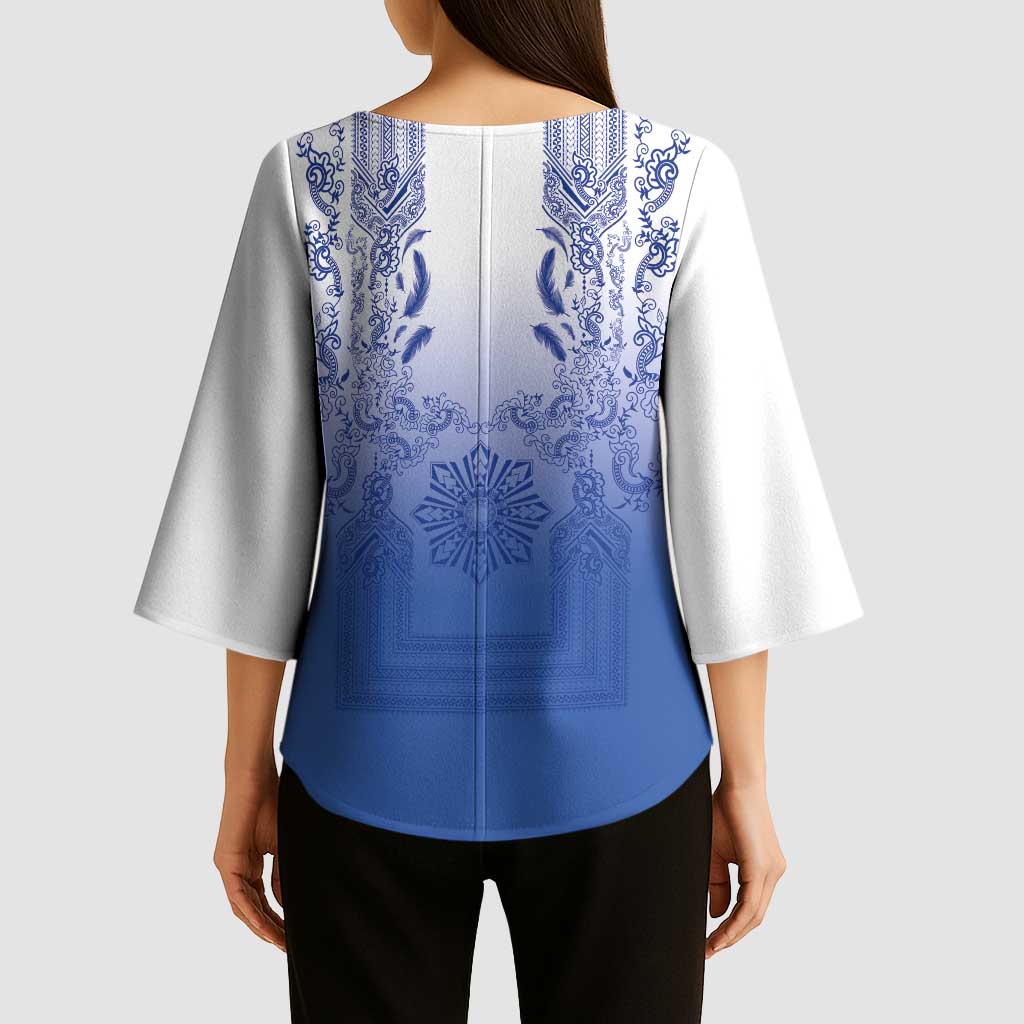 Philippines Barong Style Kimono Sleeve Blouse with Polynesian Art and Leaf Motif Blue Color